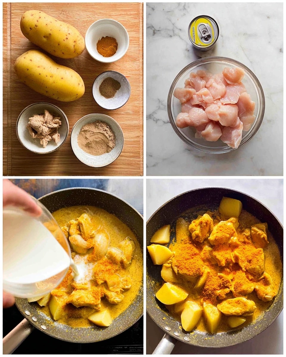 A collage of four images shows the stages of preparing a chicken and potato curry dish. The top-left image displays raw ingredients arranged neatly on a wooden surface: two whole yellow potatoes, a bowl of chopped raw chicken pieces in pale pink, a bowl with brown paste, a small bowl with brown spices, and a can of coconut milk. The top-right image shows a pan with an oily yellow-orange spice mix being cooked, with a rough texture and vibrant color, spread over the pan's surface. The bottom-left image captures a woman's hand pouring creamy white coconut milk into the pan while chicken pieces sit in the thick orange-yellow spice mix, partially submerged in liquid. The bottom-right image shows thick coconut curry liquid with chicken pieces and peeled yellow potato chunks added on top, some submerged and some floating in the sauce, cooking together in the pan. The background in each image is replaced with white marbled texture. Photo taken with an iphone --ar 4:5 --v 7