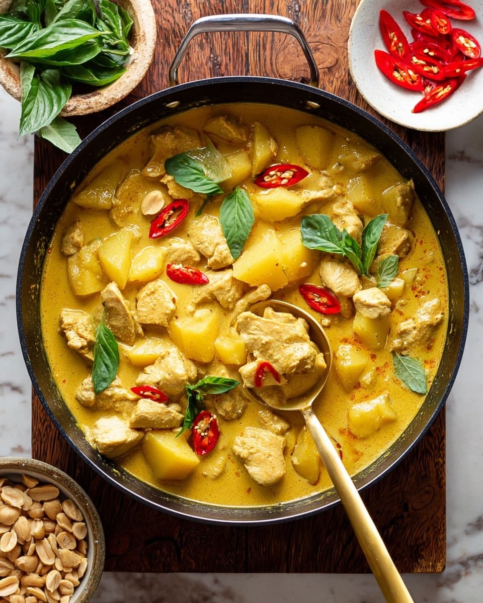 A large black cooking pan filled with golden yellow curry containing chunks of light beige chicken and yellow potato pieces in a thick sauce, topped with fresh green basil leaves and sliced red chili peppers. A golden spoon is scooping some of the curry from the right side of the pan. Around the pan on a wooden surface are a bowl of whole peanuts at the bottom and a white bowl with green leaves at the top left, and a small white dish with sliced red chili peppers at the top right. The scene is set on a white marbled surface photo taken with an iphone --ar 4:5 --v 7