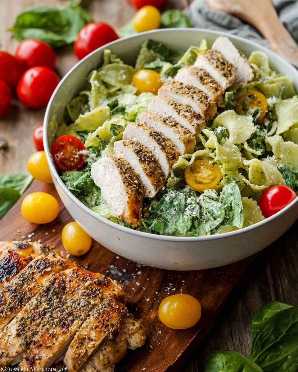 A white bowl filled with a fresh green salad made of leafy greens and large pieces of pale green pasta. There are whole yellow and red cherry tomatoes scattered around the salad. On top of the salad, there is a row of sliced, grilled chicken with a light brown and peppered crust, neatly placed in the center. A piece of grilled chicken with seasoning rests on a wooden board in the foreground. The whole scene is set on a wooden surface with some cherry tomatoes and green leaves placed around. photo taken with an iphone --ar 4:5 --v 7