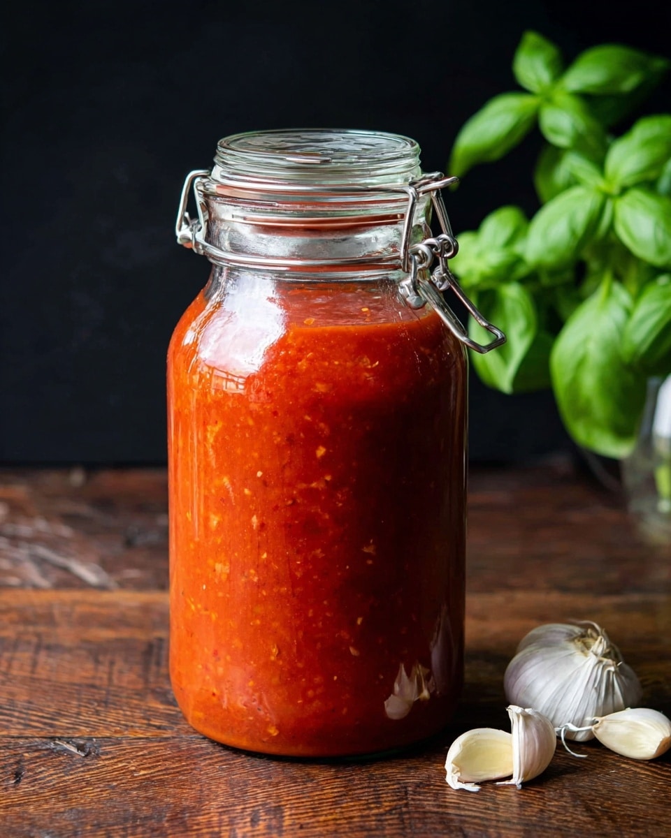 A tall glass jar with a metal clasp lid is open, showing thick red sauce inside. The sauce looks smooth with tiny bits and is bright red with some orange tones. The jar sits on a dark wooden surface, with fresh green basil leaves blurred in the background on the right. A few white garlic cloves and garlic skin pieces lay next to the jar on the lower right side. The photo has a black background behind the jar. Photo taken with an iphone --ar 4:5 --v 7