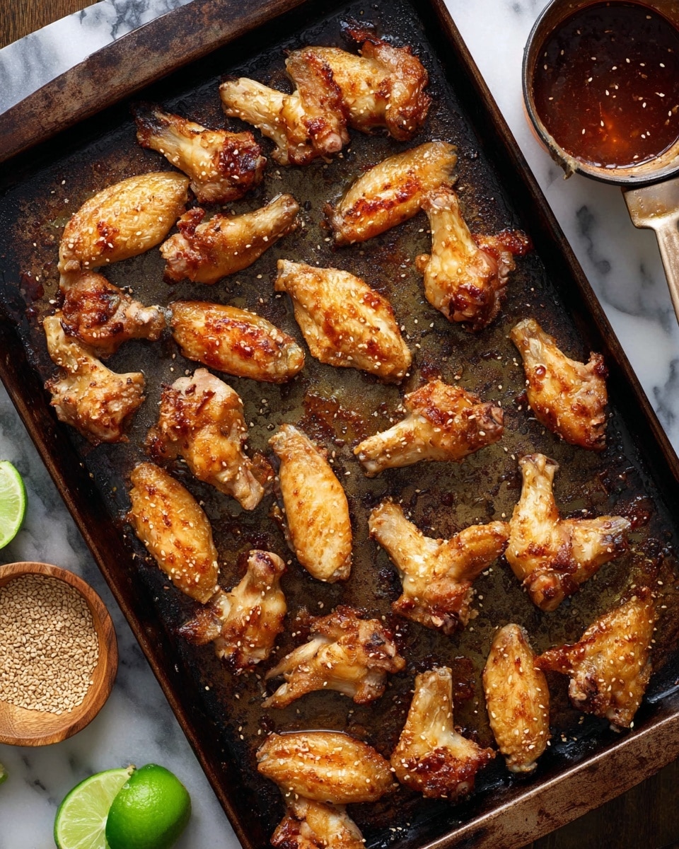 A dark metal baking tray filled with about twenty golden-brown chicken wings spread out evenly, each wing showing a crispy, slightly shiny texture with hints of light charring and small spots of darker seasoning. The baking tray has some cooked-on browned drips and a few pieces of crispy residue around the wings. Next to the tray on a white marbled surface, there is a small saucepan with a dark reddish-brown sauce inside and a wooden bowl filled with sesame seeds. At the bottom left corner, a few lime wedges add a pop of bright green color. The overall look is warm, rustic, and inviting. Photo taken with an iphone --ar 4:5 --v 7