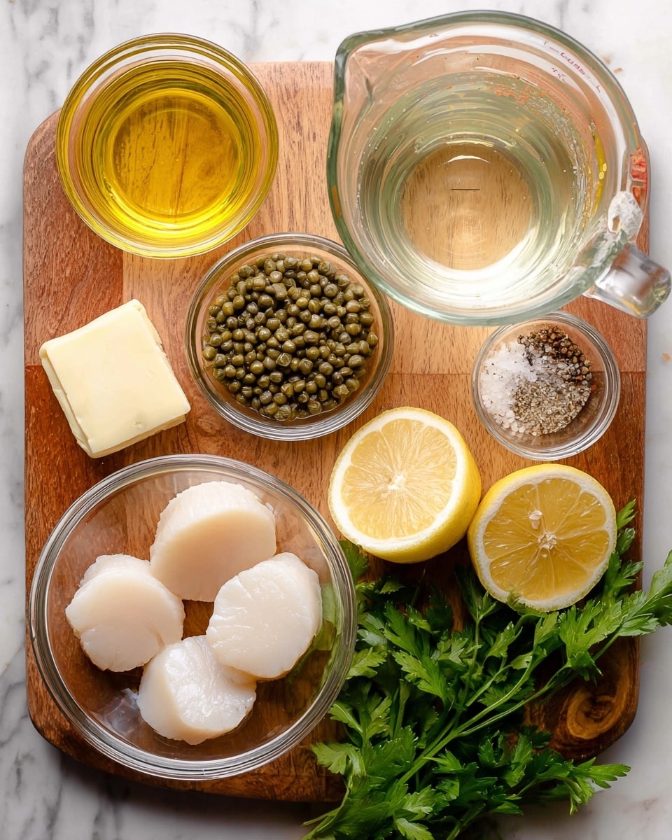 A round wooden board holds several small clear glass bowls with cooking ingredients arranged neatly. One bowl is filled with five large, white scallops that have a soft, smooth texture and slight translucence. Above it, another bowl contains small, round, green capers with a slightly wrinkled surface. To the left, a glass cup with clear pale yellow cooking oil and a square of pale yellow butter rests. Above it, a larger glass measuring cup holds a clear liquid, likely white wine or broth. There are two lemon halves placed on the wooden board, showing their bright yellow flesh and juicy texture. Near the upper right corner, a small bowl has salt and black pepper together, white and dark grains mixed. Fresh parsley with bright green leaves is spread around the right side, adding a leafy texture. The background changed to a white marble surface. photo taken with an iphone --ar 4:5 --v 7