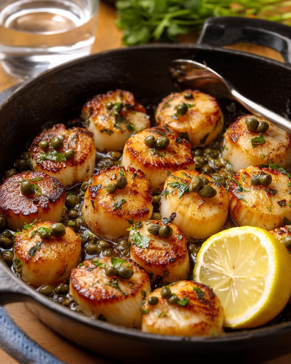 The image shows a black cast iron pan filled with two layers of golden brown seared scallops, each topped with small green capers and bits of fresh green herbs. The scallops are arranged tightly, showing their round shape and slightly crispy edges. On the right side of the pan, a halved lemon with a bright yellow inside is nestled among the scallops. The pan sits on a wooden surface with a glass of water and a green herb bunch blurred in the background. The dish looks fresh, warm, and inviting, ready to serve. Photo taken with an iphone --ar 4:5 --v 7