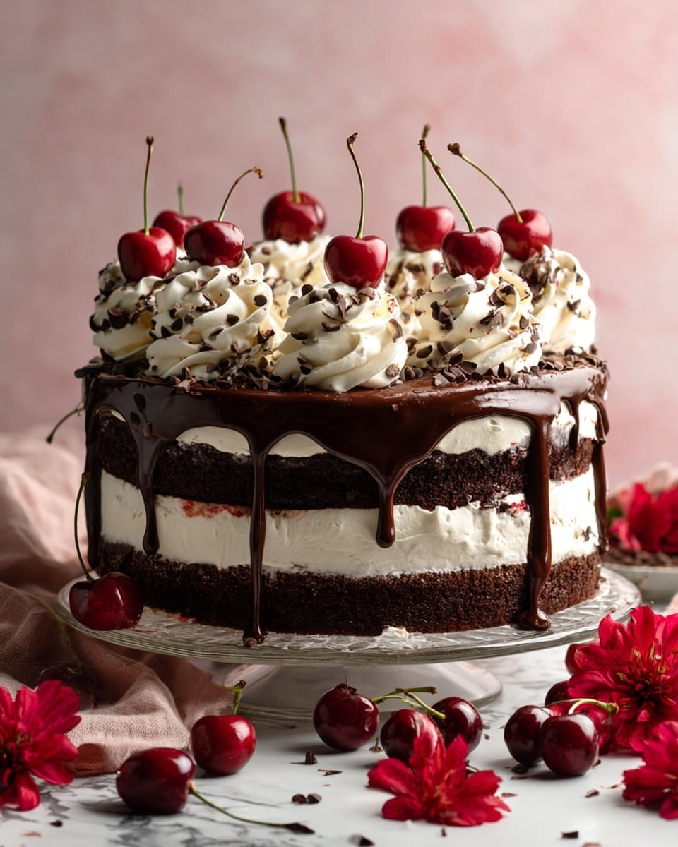 A three-layer cake with dark chocolate sponge and white cream between each layer is shown. The outside is covered in a thin layer of white cream, letting the dark cake layers peek through. A thick, shiny chocolate glaze drips down from the top edge, creating a smooth and rich look. On top, large swirls of white whipped cream are arranged in a circle, each topped with a bright red cherry with stems. Small chocolate chips are scattered over the cream and glaze for extra detail. The cake sits on a glass stand with fresh cherries and red flowers around it, all placed on a white marbled surface with a soft pink background. photo taken with an iphone --ar 4:5 --v 7