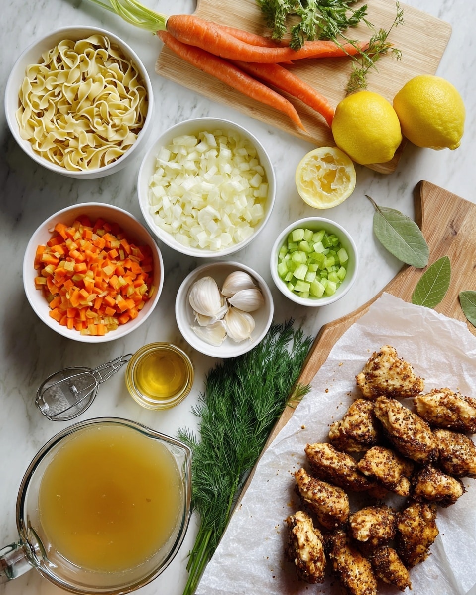 The image shows a wooden table with various ingredients laid out for cooking. In the center right, there is a stack of seven cooked, seasoned chicken pieces on white parchment paper. Above the chicken, there are two whole carrots with green tops, two lemons, and a small bowl of garlic cloves. To the top left, three white bowls hold uncooked egg noodles, diced onions, and diced carrots, with a small bowl of chopped celery nearby. Two bay leaves lie beside the carrots. At the bottom left, two clear measuring cups contain water and broth, the broth with a whisk inside, while fresh green dill rests nearby. The scene is bright and clean with a white marbled surface background. Photo taken with an iphone --ar 4:5 --v 7