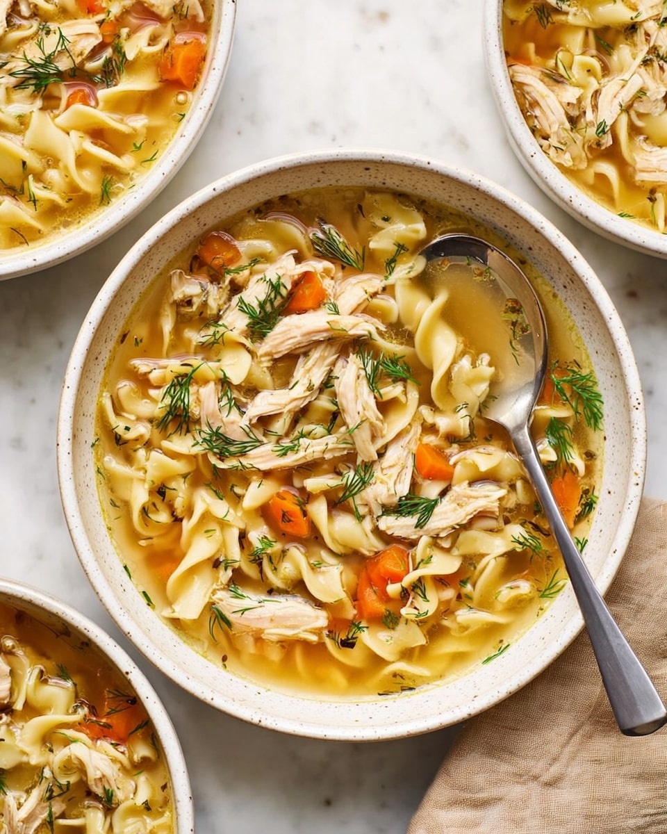 The image shows a bowl of clear chicken noodle soup with three main layers visible from top to bottom: pieces of shredded cooked chicken which are light brown, wavy yellow egg noodles, and small diced orange carrots, all mixed in a light golden broth. Green dill sprigs are sprinkled on top for garnish. A silver spoon is placed inside the bowl on the right side. The bowl is white with small speckles and is set on a white marbled surface. Parts of two more bowls with the same soup are seen at the edges of the image. Photo taken with an iphone --ar 4:5 --v 7