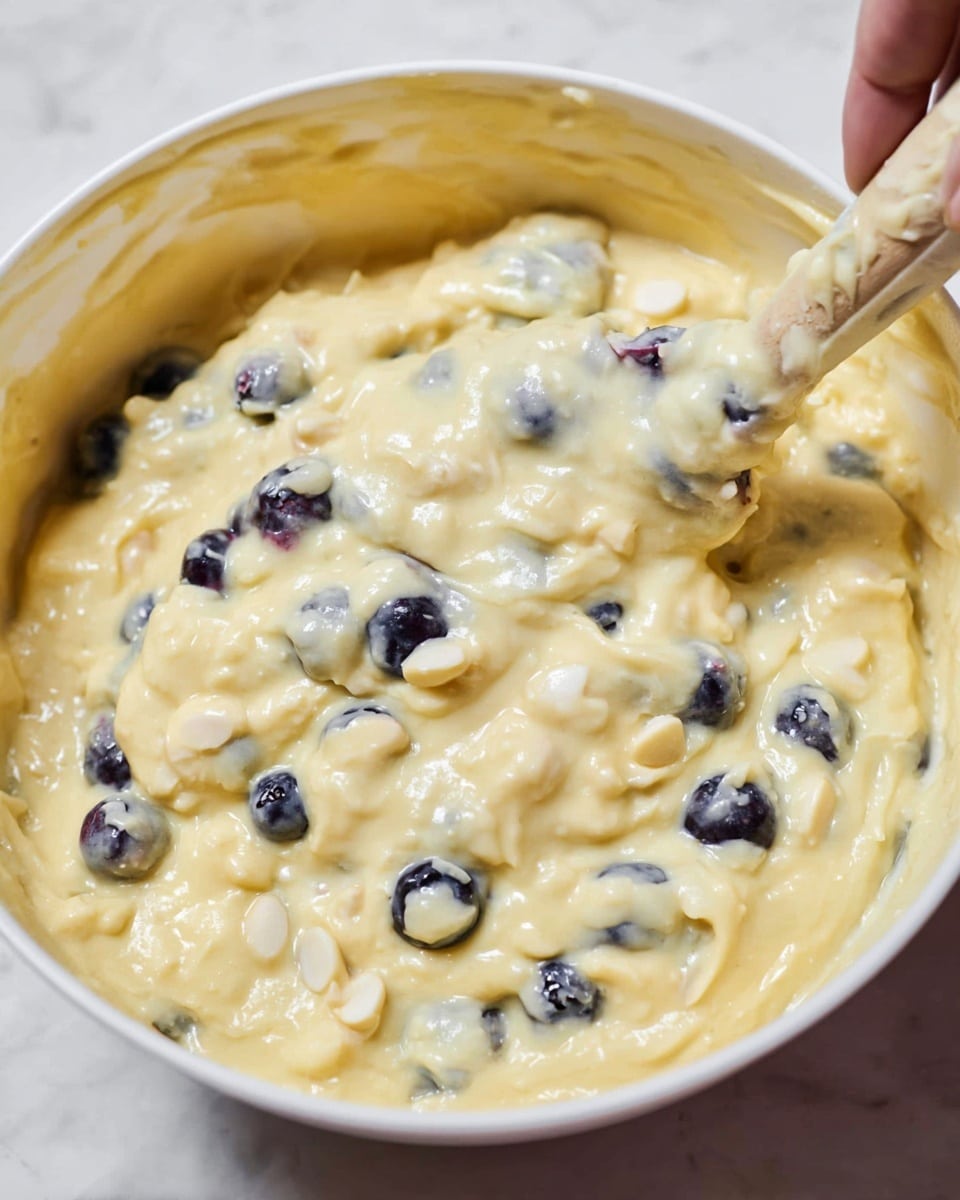 A close-up view of thick, creamy, pale yellow batter mixed with whole blueberries and small pale pieces that look like nuts or white chocolate chips. The batter appears smooth and rich, with blueberries scattered throughout, some peeking out on the surface, giving spots of deep blue and black. A woman's hand is holding a light-colored spatula, partially submerged in the batter, lifting some of it. The bowl holding the batter is white, and it sits on a white marbled surface, adding a clean, bright look to the image. photo taken with an iphone --ar 4:5 --v 7