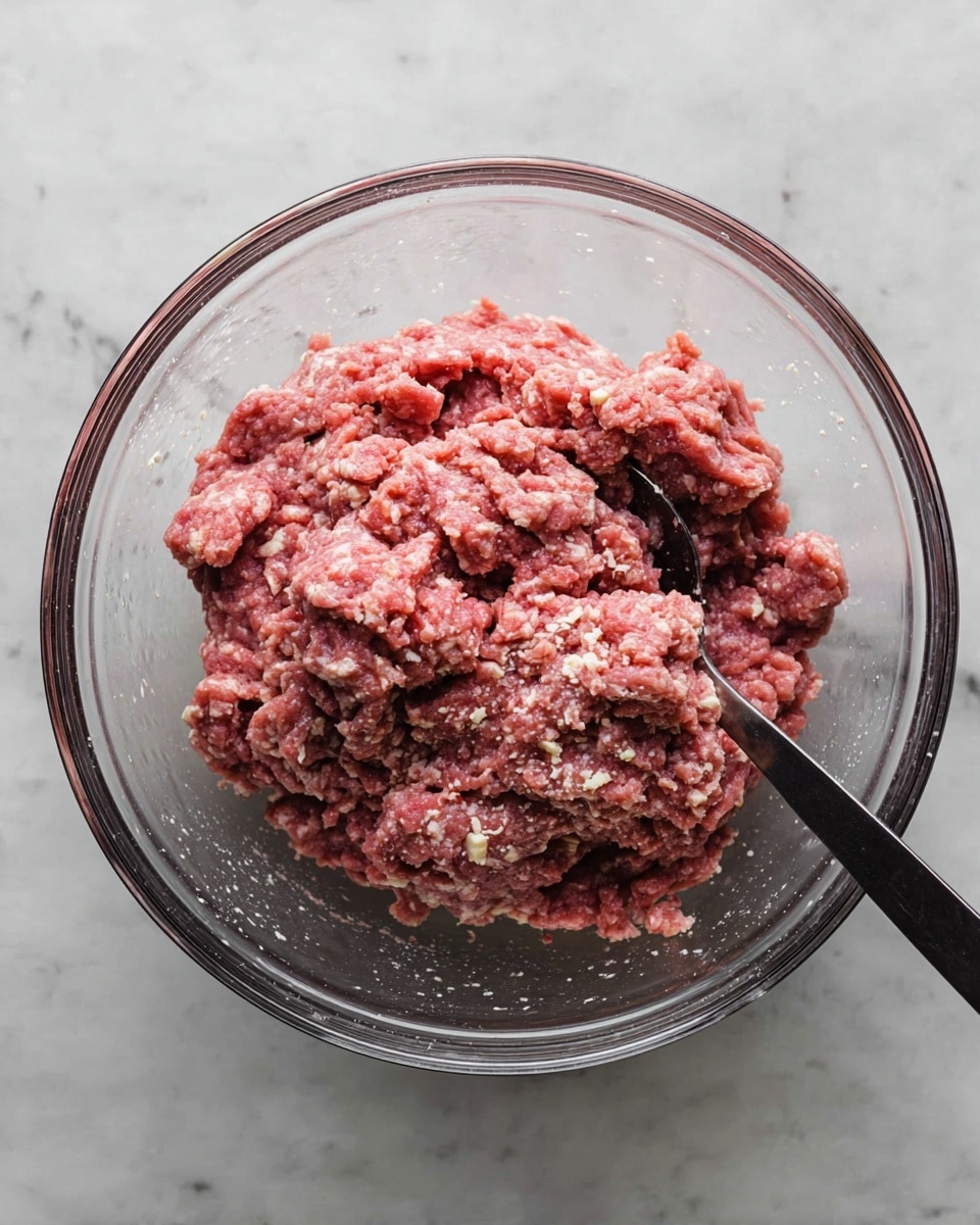 A clear glass bowl filled with raw ground meat mixed with visible small white bits, likely cheese or seasoning, showing a coarse texture with a pink and white color mix. On the right edge inside the bowl, a black spoon rests partially buried in the meat mix. The bowl is set on a white marbled surface, creating a clean and simple background. photo taken with an iphone --ar 4:5 --v 7