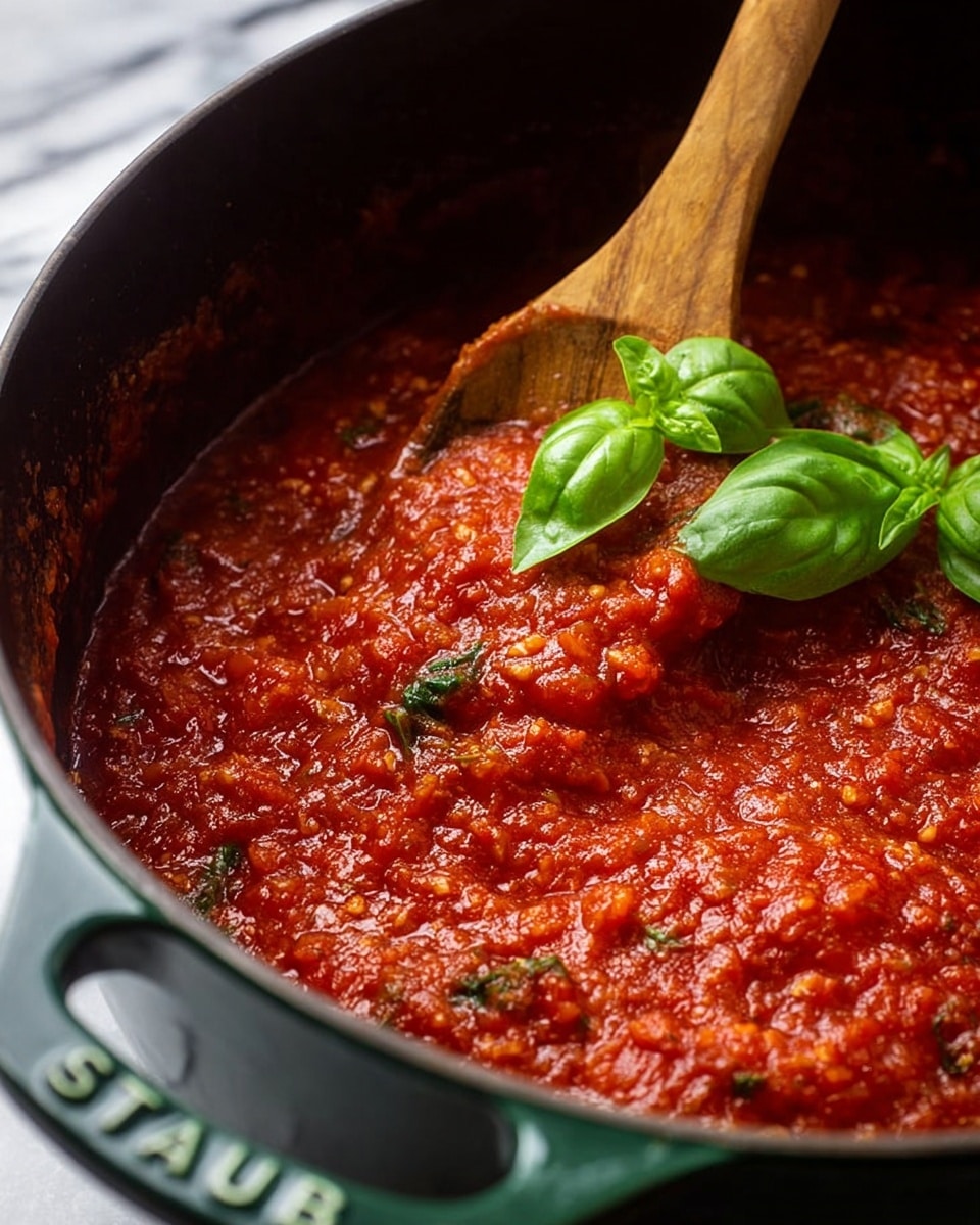 A close-up view of a pot filled with thick red tomato sauce mixed with small green spinach leaves and herbs. The sauce has a textured, chunky look with visible bits of tomatoes and vegetables. A wooden spoon is partially dipped into the sauce, lifting some of it, and two fresh bright green basil leaves rest on the surface of the sauce. The pot is dark green with