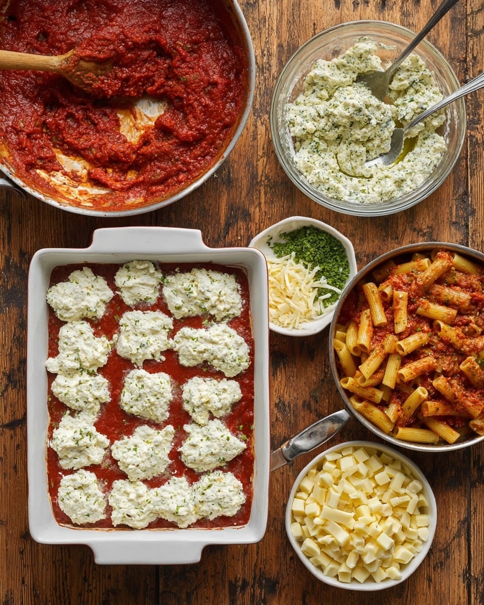 The image shows a white rectangular baking dish with a first layer of red tomato sauce spread thinly at the bottom, topped with dollops of white ricotta cheese mixed with herbs, evenly placed across the sauce. To the top left, there is a large pan filled with thick red tomato sauce and a wooden spoon resting inside, partially stained with sauce. In the center, there is a clear glass bowl containing a mixture of white ricotta cheese and green herbs with a spoon inside it. To the right, there is a round metal bowl filled with pasta coated in red sauce, with tubular pasta pieces visible. Above the metal bowl, there are small white bowls containing diced pale yellow cheese, finely chopped green herbs, and shredded white cheese, all placed on a wooden surface textured like old oak. The photo taken with an iphone --ar 4:5 --v 7