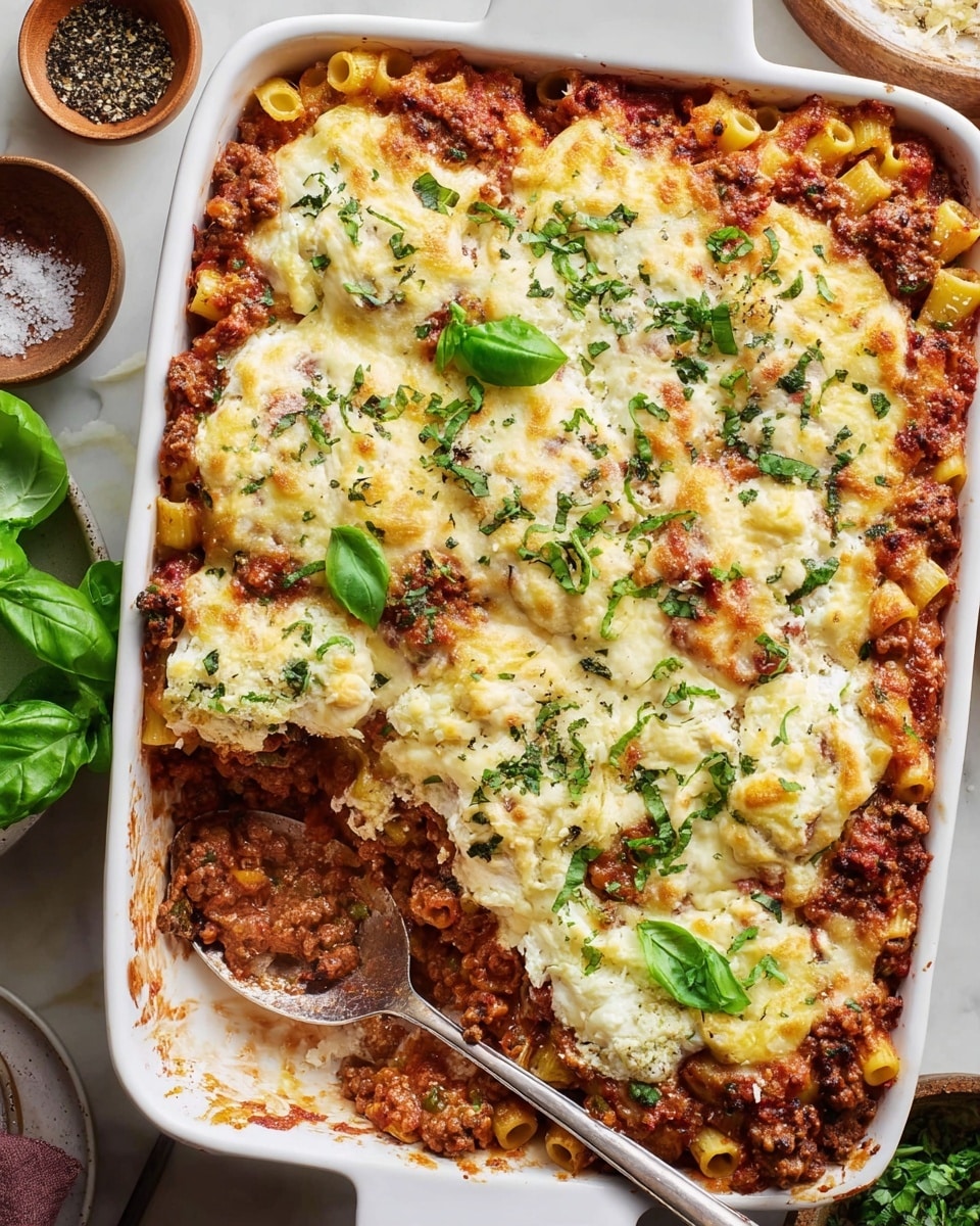 A white rectangular dish filled with three main layers: the bottom layer is red tomato sauce mixed with browned ground meat and short tube pasta, the middle layer is creamy light yellow ricotta cheese with herbs, and the top layer is melted golden brown mozzarella cheese sprinkled with chopped green parsley and fresh basil leaves. A silver spoon rests inside the dish showing the texture of the pasta and sauce layers underneath the cheese. The dish sits on a white marbled surface with fresh basil leaves and small bowls of black pepper and shredded cheese nearby photo taken with an iphone --ar 4:5 --v 7