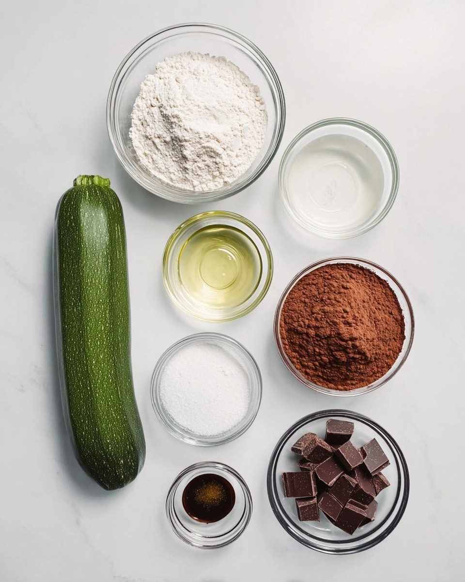 A top view of ingredients arranged neatly on a white marbled surface, including one whole green zucchini on the left, a large glass bowl with white flour at the top left, and a medium glass bowl with white liquid at the top right. Below the flour bowl, there is a small glass bowl with clear oil, and next to it on the right, a larger glass bowl filled with brown cocoa powder. Toward the bottom, two small glass bowls with white powder, one with salt and the other with baking powder, are placed next to a small glass bowl of dark vanilla liquid and a medium glass bowl filled with chopped dark chocolate. All the glass bowls are clear, showing their contents clearly. Photo taken with an iphone --ar 4:5 --v 7