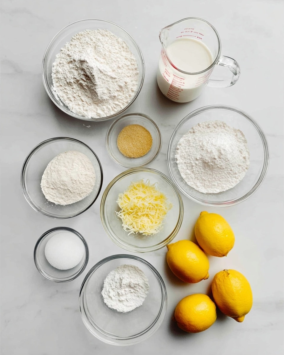 This image shows a group of bowls and a measuring cup arranged on a white marbled surface. There are nine clear glass bowls and one white bowl, each holding different baking ingredients like white flour, a yellow spice, white powders, and a creamy white ingredient. A glass measuring cup holds a white liquid at the top right. At the bottom right, five bright yellow lemons lie in a small cluster. The bowls vary in size and contain ingredients with different textures, from powdery to shredded, all carefully spread out to fill the image evenly. photo taken with an iphone --ar 4:5 --v 7