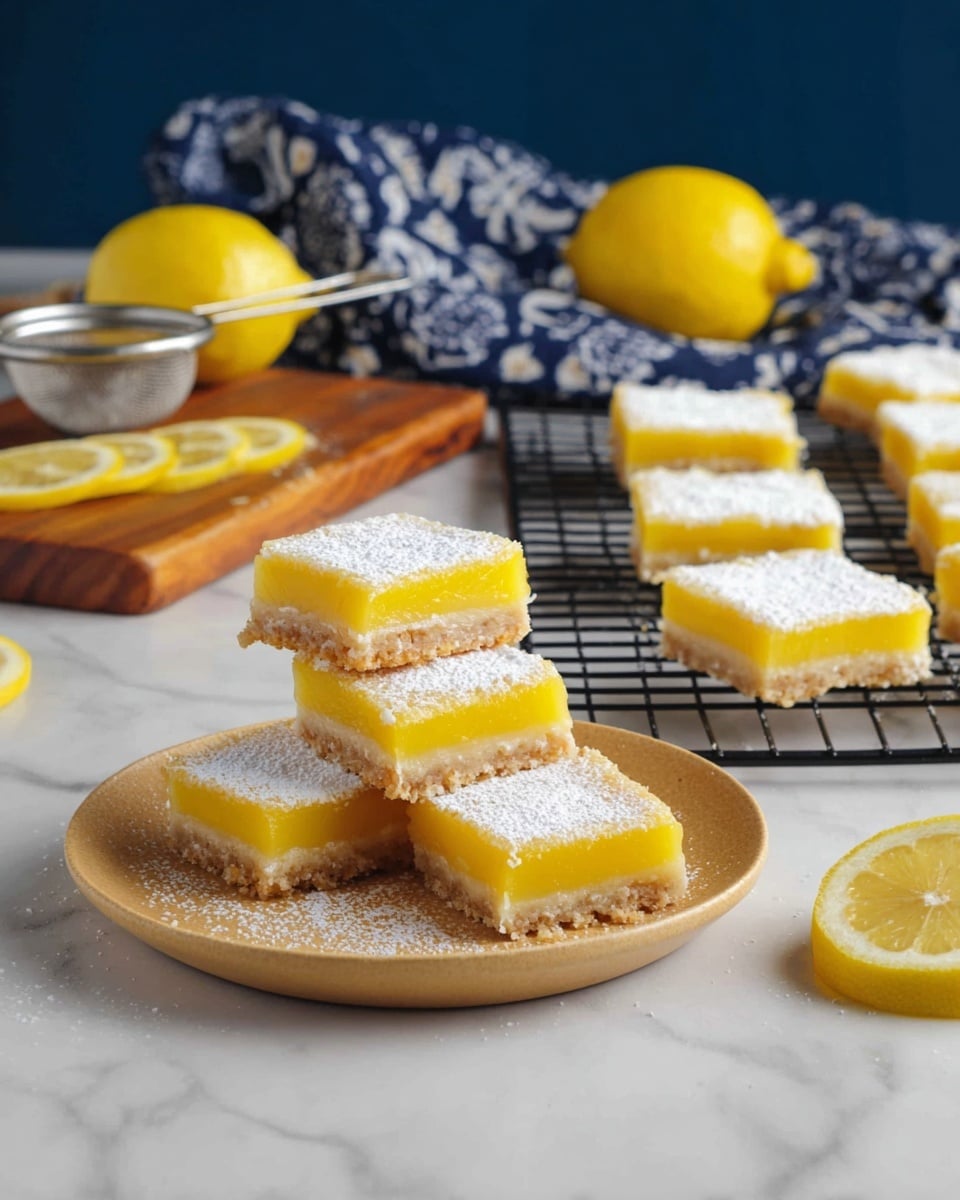 The image shows several lemon bars arranged on a white marbled surface. In the foreground, four lemon bars are stacked on a round, light brown plate, each bar having three distinct layers: a bottom crumbly beige crust, a thick, smooth, bright yellow lemon filling in the middle, and a light dusting of white powdered sugar on top. Behind the plate, more lemon bars are placed neatly on a black cooling rack, showing the same three layers. To the left, there is a wooden cutting board with lemon slices and a whole lemon, along with a small metal sieve. A dark blue cloth with white patterns is draped casually behind the cooling rack. Photo taken with an iphone --ar 4:5 --v 7