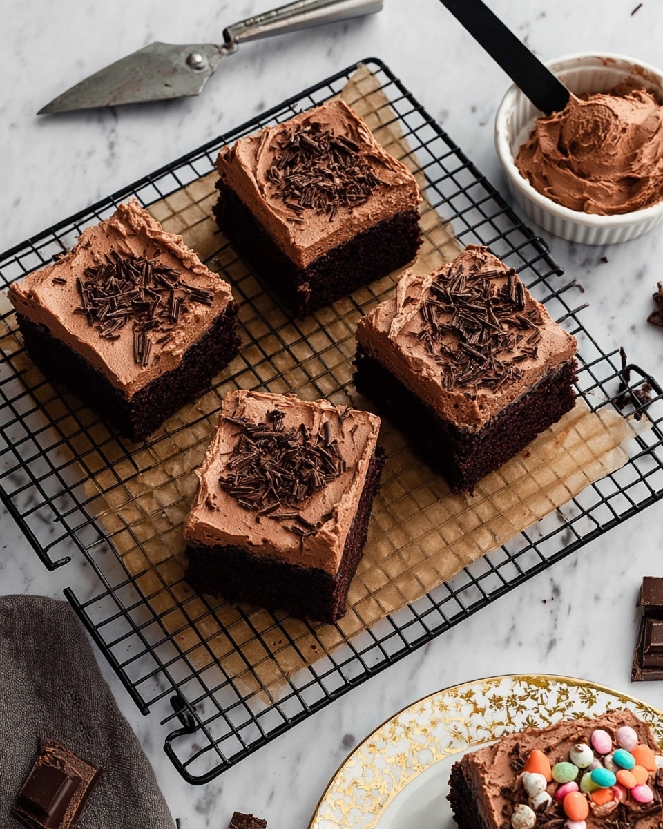 The image shows five square chocolate cake pieces on a black wire cooling rack over a brown paper lining. Each cake piece has two visible layers: a thick, dark brown, moist-looking base and a thick, light brown, smooth chocolate frosting layer on top sprinkled with small chocolate shavings. To the top right, there is a small white dish holding more chocolate frosting with a black spatula resting on the edge. Silver vegetable peeler and broken chocolate chunks are on the white marbled surface around the rack. In the bottom right corner, a white plate with a gold and gray pattern holds another chocolate dessert decorated with colorful candy pieces. The photo taken with an iphone --ar 4:5 --v 7