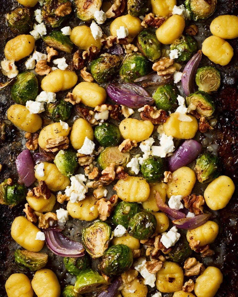 The image shows a close-up view of a dish with a single layer of roasted yellow gnocchi, green Brussels sprouts cut in halves, uneven pieces of purple and white onion, small chunks of brown walnuts, and white crumbled cheese scattered on top. All ingredients are spread out on a dark surface that appears oily and textured. The gnocchi pieces are smooth and plump, the Brussels sprouts are browned on some edges, the onion pieces look soft and slightly caramelized, and the cheese is crumbly and fresh. photo taken with an iphone --ar 4:5 --v 7