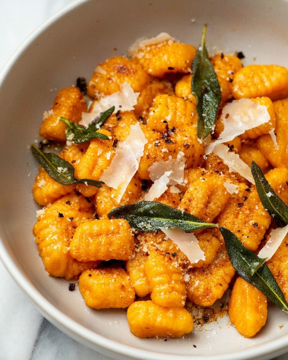 The image shows a close-up of bright orange gnocchi with a slightly ridged texture, arranged in a white bowl. The gnocchi are sprinkled with coarse salt, cracked black pepper, and thin, off-white shavings of cheese. Scattered green sage leaves add a fresh contrast on top. The overall look is warm and inviting, with the gnocchi pieces lightly coated in a sauce that gives them a subtle shine. The bowl sits on a white marbled surface. Photo taken with an iphone --ar 4:5 --v 7