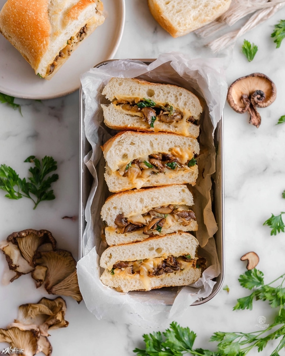The image shows four sandwich pieces stacked in a small metal container lined with parchment paper, placed on a white marbled surface. Each sandwich has two layers of soft, light beige bread with a fluffy texture. The filling has two parts: a layer of melted light yellow cheese and a layer of chopped mushrooms in a glossy brown sauce, visible in the middle of the sandwich. Around the container, there are dried mushroom caps and fresh green parsley leaves scattered on the white marbled surface. On the upper left, a white plate holds an additional sandwich piece with the same filling. The colors in the image are soft and natural, with a cozy and fresh feel. Photo taken with an iphone --ar 4:5 --v 7