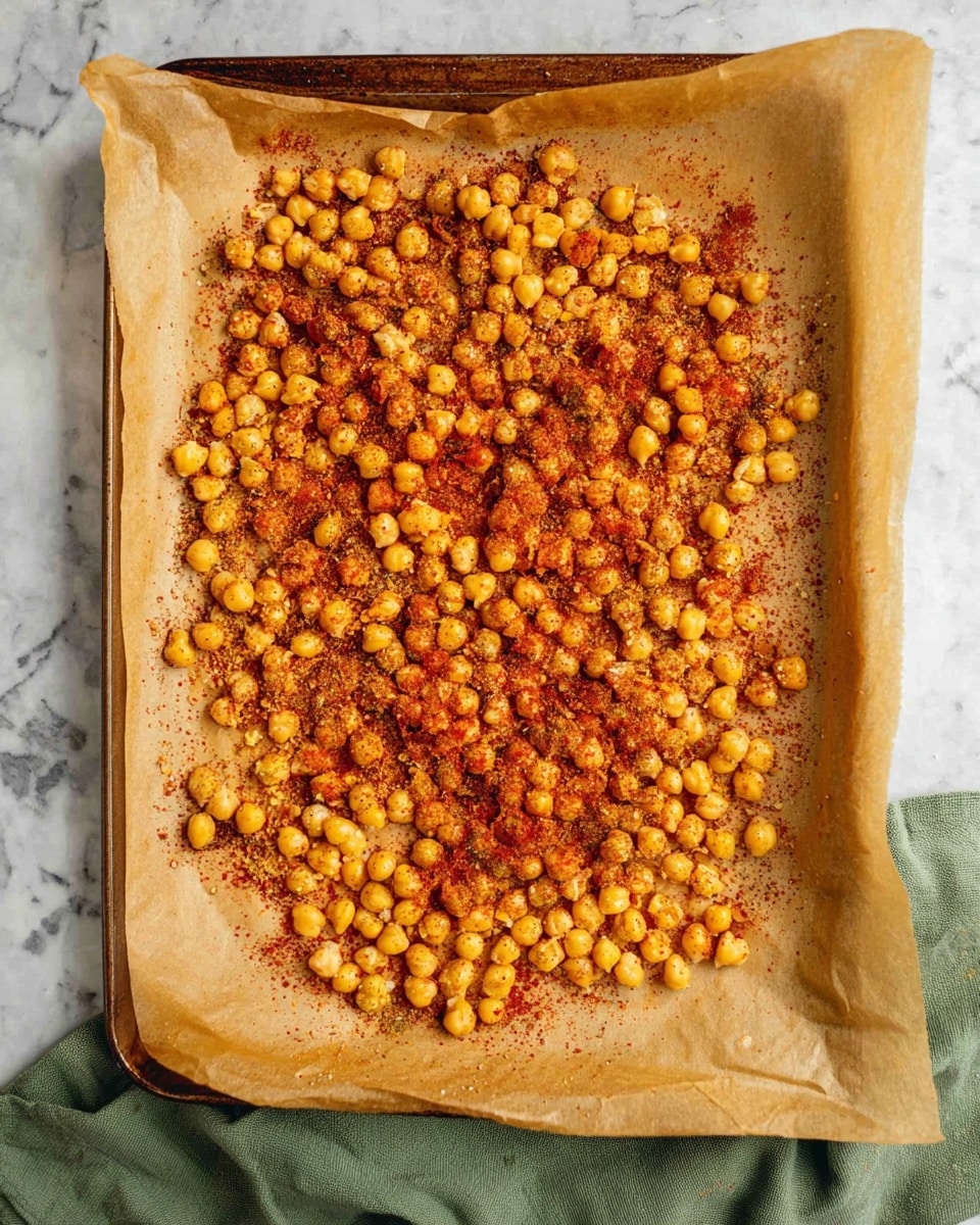 A baking tray lined with light brown parchment paper is filled with a single layer of light yellow chickpeas. The chickpeas are scattered and slightly crushed in some spots, creating rough texture. They are sprinkled evenly with a mix of red and brown spices, giving a dusty, speckled look across the surface. The tray sits on a white marbled surface, and a green cloth is partially visible at the bottom edge. Photo taken with an iphone --ar 4:5 --v 7
