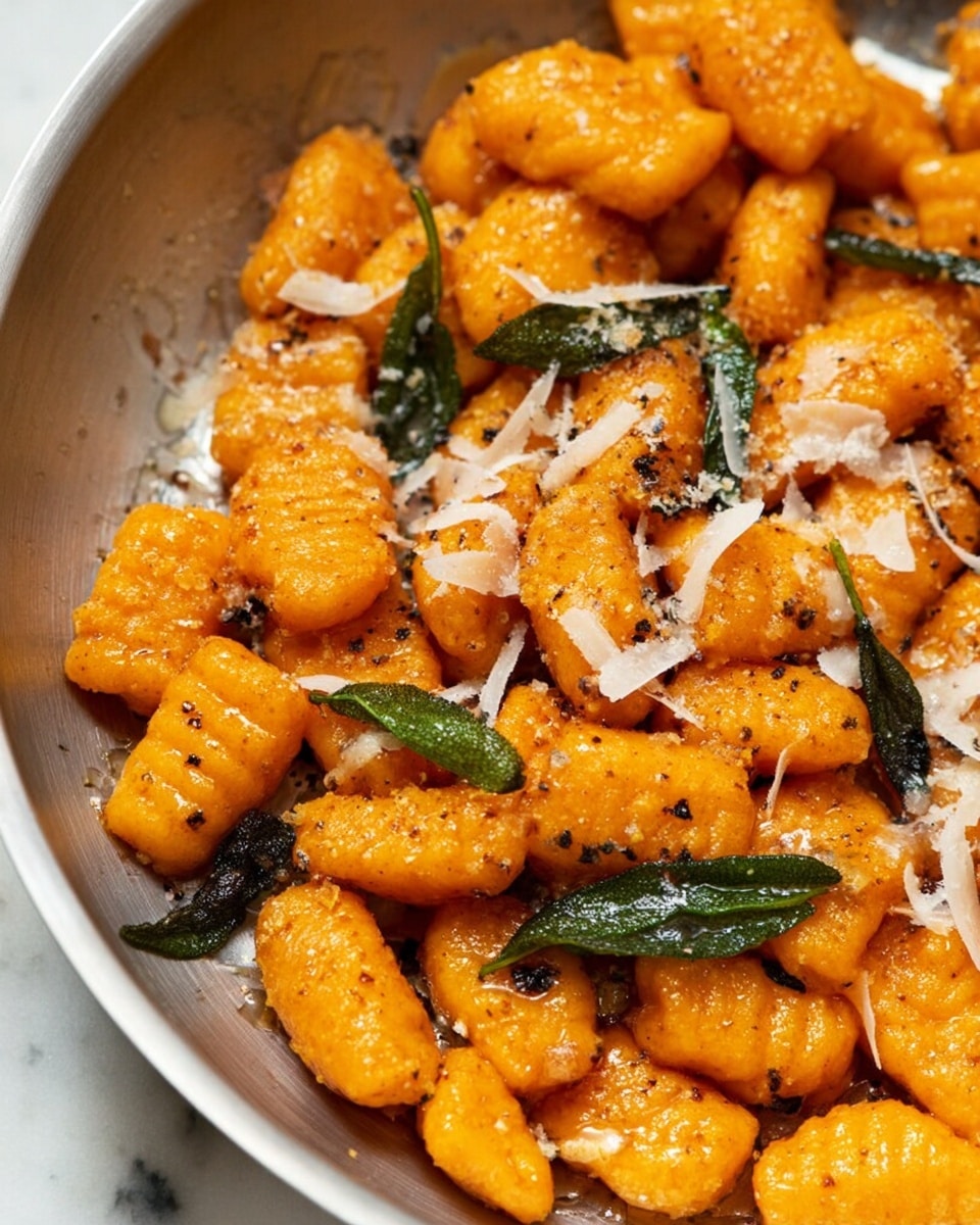 The dish shows a close-up of orange gnocchi shapes with a soft texture, scattered all around a metal pan. The gnocchi pieces are covered with thin white shavings of cheese and sprinkled with small grains of black pepper and salt. Some green fried sage leaves are mixed in, adding color contrast and texture. The gnocchi pieces have small ridges and look lightly coated in oil or butter. The surface visible around the pan is a white marbled texture. Photo taken with an iphone --ar 4:5 --v 7