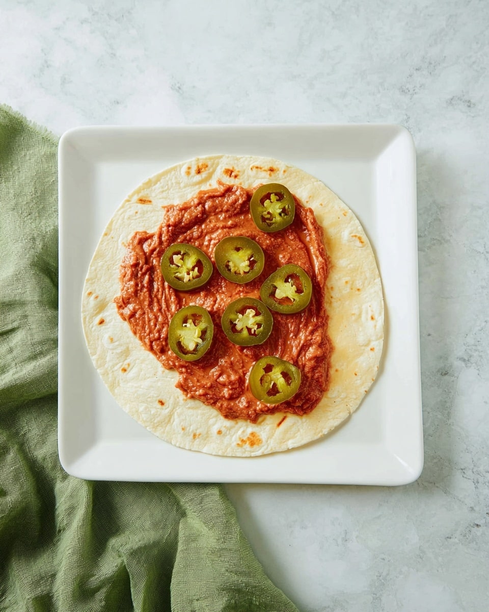 A white round tortilla is placed on a square white plate with slightly raised edges. On the right half of the tortilla, there is a layer of red refried beans spread unevenly, showing a soft and slightly chunky texture. On top of the beans, there are six sliced green pickled jalapeño rings spaced out across the bean layer. The background beneath the plate is a white marbled surface, and a green cloth napkin with a soft, wrinkled texture is placed at the bottom left corner of the image. Photo taken with an iphone --ar 4:5 --v 7