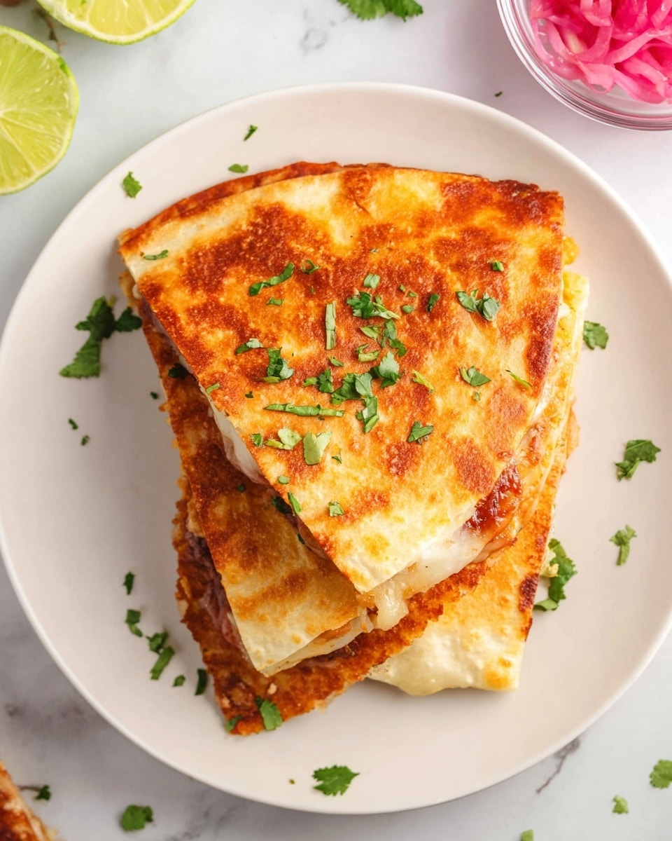 The image shows a stack of three crispy quesadilla slices on a white plate, each slice golden brown with a toasted texture and melted cheese peeking out from the edges. The top slice is garnished with small chopped green cilantro pieces scattered across it and on the plate. The quesadilla edges have a slightly darker, crunchy look, showing the layers inside. Around the plate, there are bits of cilantro and a slice of lime in the corner on a white marbled surface. A clear bowl with pink pickled onions is partially visible in the top right corner. photo taken with an iphone --ar 4:5 --v 7