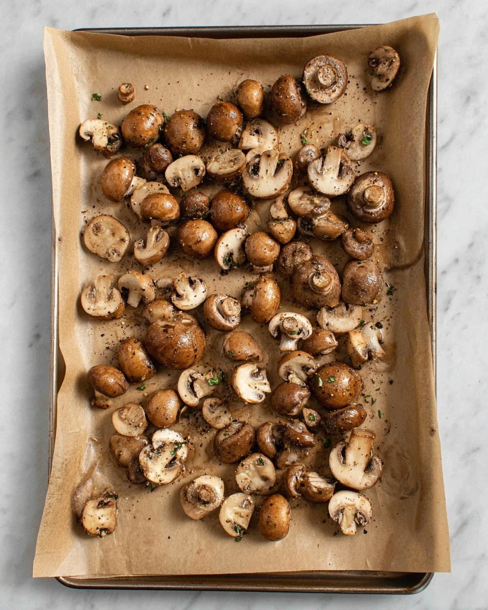 A baking tray filled with many small brown mushrooms, some whole and some sliced in halves or quarters, spread evenly over a piece of brown parchment paper. The mushrooms have a slightly shiny texture, showing they are coated with oil or seasoning, and have visible specks of black pepper and herbs. The tray sits on a white marbled surface. photo taken with an iphone --ar 4:5 --v 7