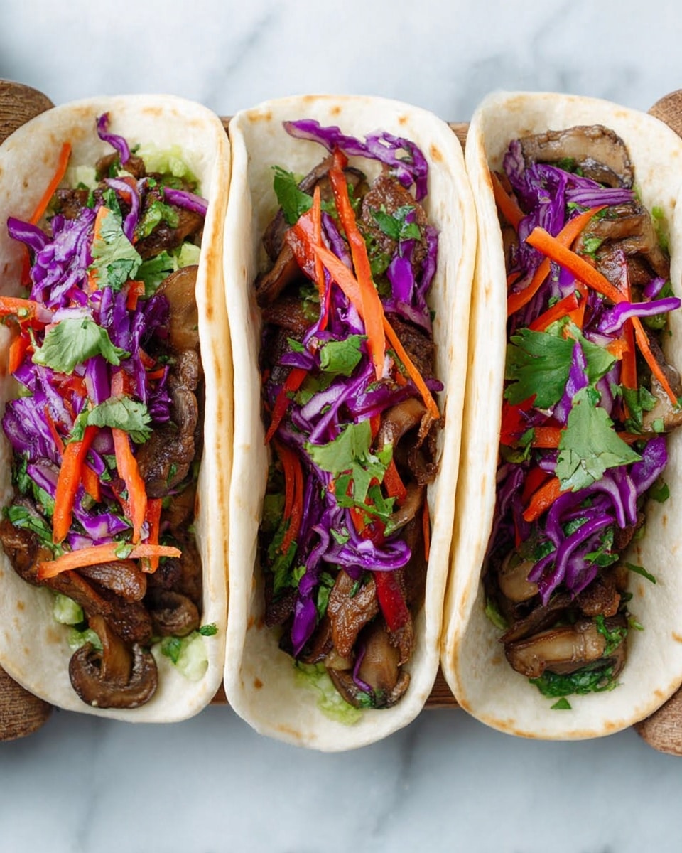 Three soft flour tortillas lie side by side on a white marbled surface, each filled with layers of sautéed brown mushrooms that have a rich, slightly shiny texture forming the base layer. On top of the mushrooms in each tortilla is a colorful slaw made of thin strips of purple cabbage, orange carrots, and light green cilantro, adding a fresh, crisp contrast. The tacos are neatly arranged in a row, and the cilantro pieces are scattered throughout the slaw, contributing pops of green in every bite. photo taken with an iphone --ar 4:5 --v 7