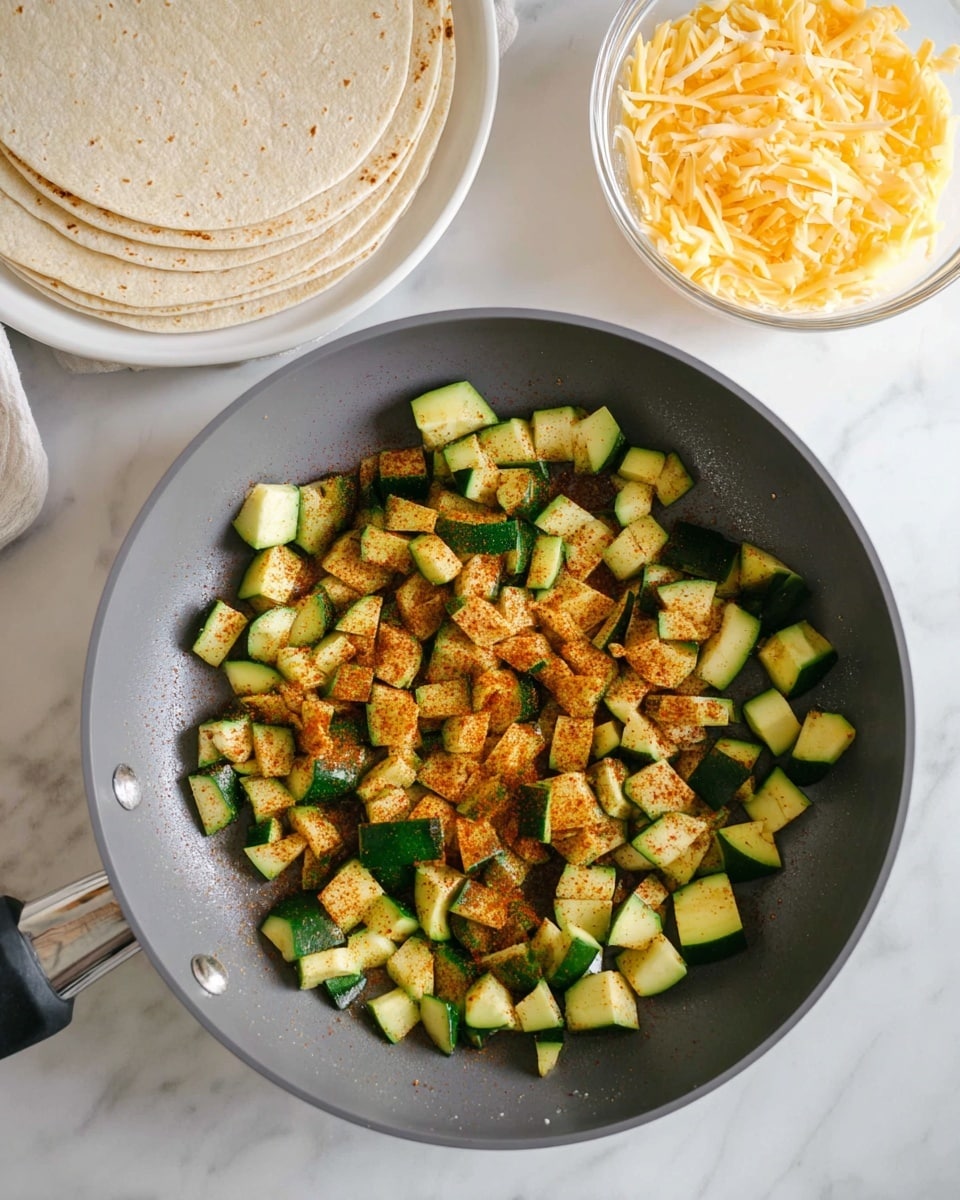 The image shows a gray frying pan filled with small, chopped green zucchini pieces spread evenly and sprinkled with a reddish-brown seasoning powder. To the top left, there is a white plate stacked with several round, flat tortillas, and to the top right, a small clear glass bowl filled with a mix of shredded yellow and white cheese. The setup is on a white marbled surface with a clean and simple background. photo taken with an iphone --ar 4:5 --v 7