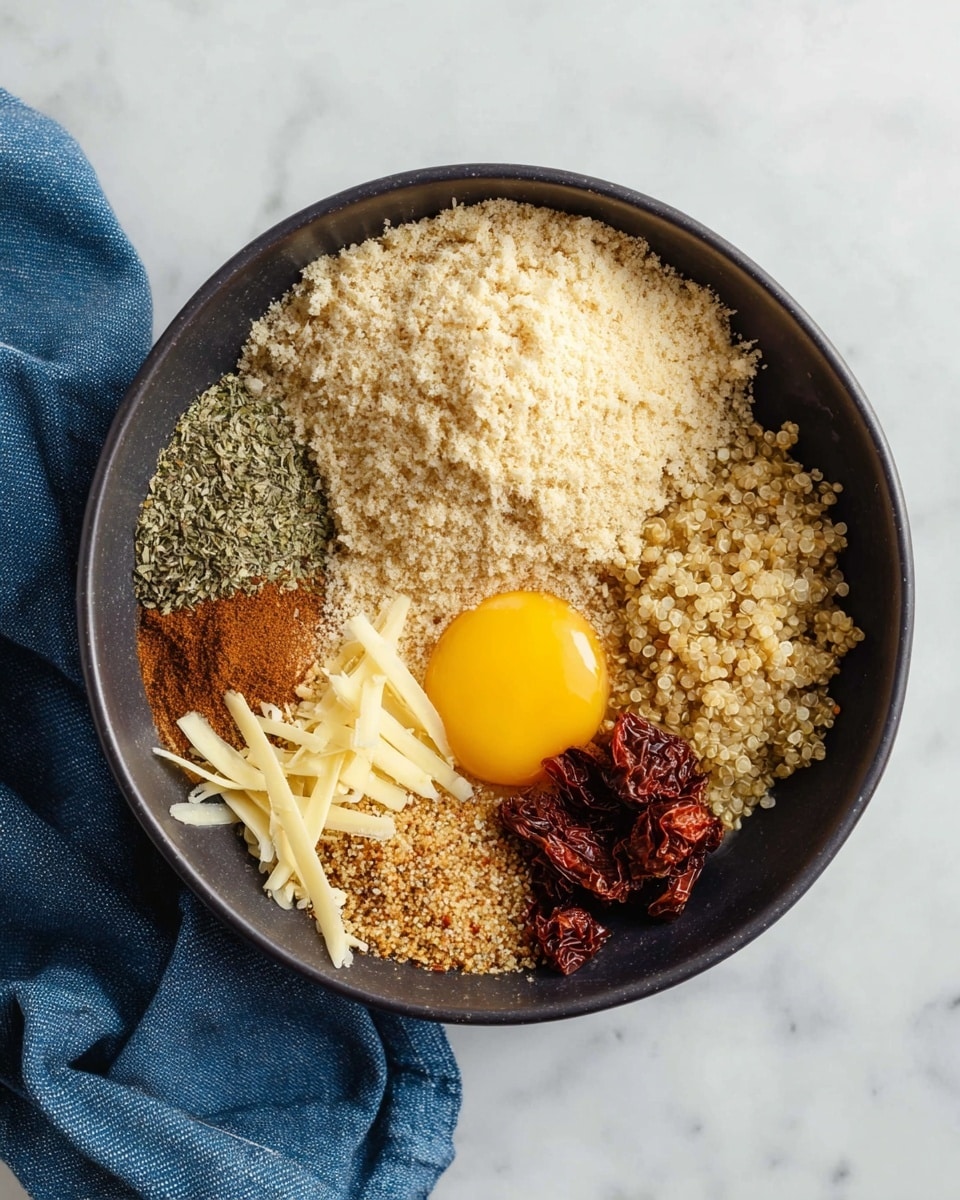 A black bowl on a white marbled surface holds seven separate layers of ingredients. At the top is a large pale beige pile of breadcrumbs. Below it to the left, there is a sprinkling of green dried herbs and just below, a light brown spice powder. In the lower left part of the bowl, there are thin pale yellow strips of shredded cheese next to a raw egg with a bright yellow yolk. On the right side, there is a heap of cooked tan quinoa and beside it, some small pieces of dark red sun-dried tomatoes. A blue cloth rests near the bottom left corner of the image. Photo taken with an iphone --ar 4:5 --v 7