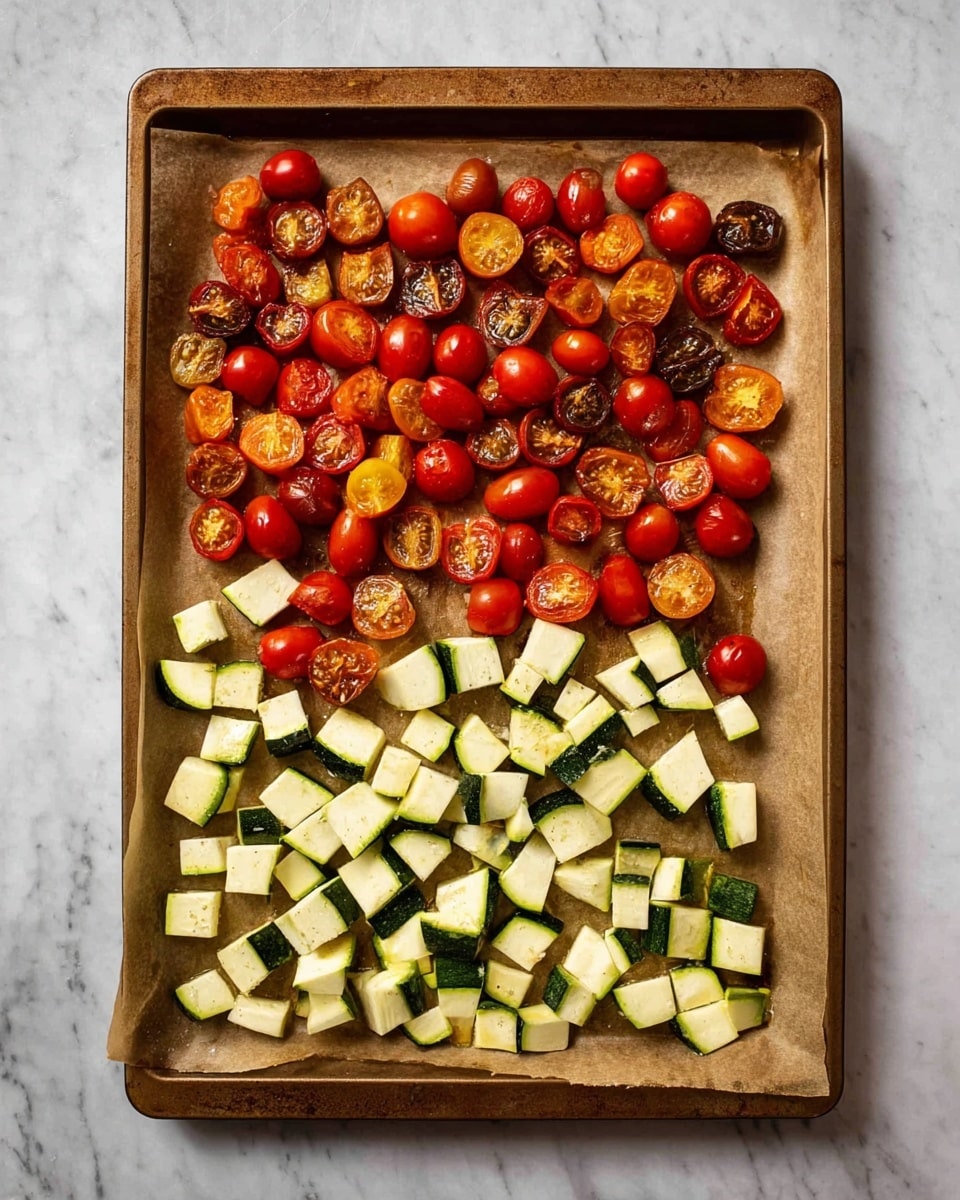 A baking tray lined with brown parchment paper is filled with two distinct layers of vegetables: the top half is covered with halved cherry tomatoes in red, orange, and dark brown colors, showing their juicy, seedy interior, while the bottom half contains square and triangular pieces of pale green zucchini with dark green edges. The tray sits on a white marbled surface. photo taken with an iphone --ar 4:5 --v 7