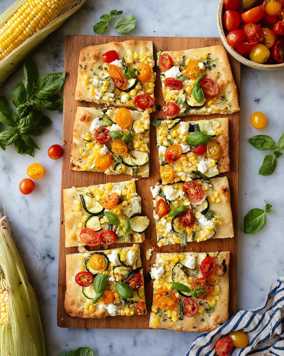 The image shows eight square pieces of flatbread arranged neatly on a wooden board, placed on a white marbled surface. Each flatbread piece has a light golden crust at the bottom layer, topped with scattered bits of creamy white cheese. On top of this, there are vibrant layers of yellow corn kernels, halved red and orange cherry tomatoes, and thin slices of green zucchini, all evenly spread. Bright green basil leaves and thin strips of fresh basil add a fresh touch, scattered on the top. The overall look is colorful with a mix of red, yellow, green, and white, giving a fresh and healthy feel. A few basil leaves and a bowl of cherry tomatoes sit around the board, along with a corn cob to the side. Photo taken with an iphone --ar 4:5 --v 7