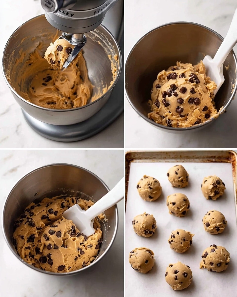 This image shows four steps of making chocolate chip cookie dough on a white marbled surface. The top left shows a metal mixing bowl attached to a stand mixer with light brown dough and a few chocolate chips blending inside. The top right shows a close-up of a similar bowl filled with thick, light brown dough with many dark chocolate chips on top and a white spatula inserted. The bottom left shows the same bowl full of mixed dough with chocolate chips evenly spread inside. The bottom right shows a baking tray with a white surface holding about twelve round balls of light brown cookie dough scattered evenly, with many small dark chocolate chips visible on their surfaces. The photo taken with an iphone --ar 4:5 --v 7