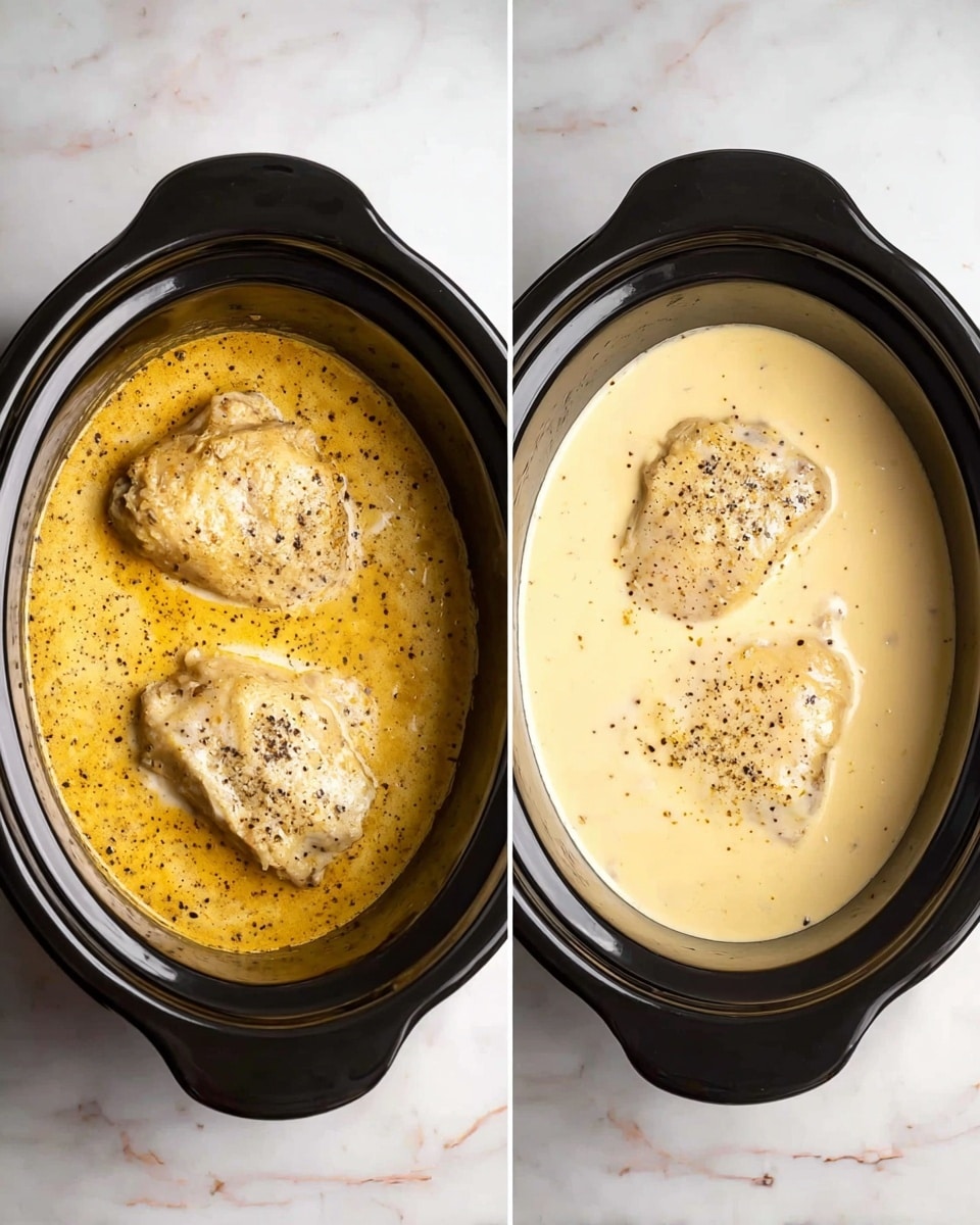 The image shows two black slow cookers, each with two light brown cooked pieces sitting in a creamy sauce. The left slow cooker has a slightly thicker, speckled yellow sauce with visible black pepper, giving a textured look. The right slow cooker shows a smoother, creamier pale yellow sauce also sprinkled with black pepper. Both slow cookers sit on a white marbled surface. photo taken with an iphone --ar 4:5 --v 7