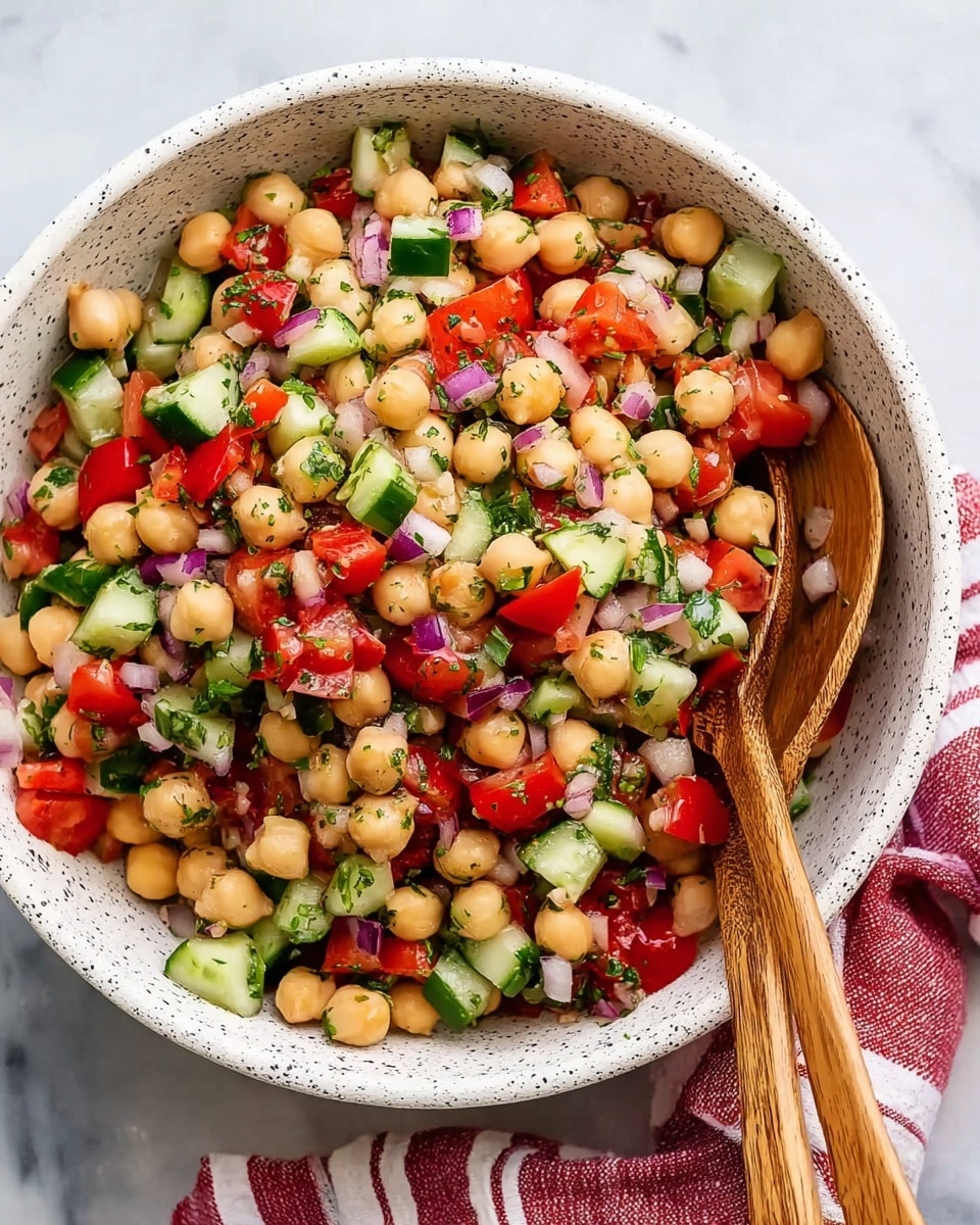 A bowl filled with a colorful chickpea salad showing three main layers: the round, pale beige chickpeas scattered throughout, mixed with bright red tomato chunks, small cubes of green cucumber, and bits of chopped purple onion, all sprinkled with finely chopped green herbs. Two wooden spoons rest inside the white speckled bowl on the right side, with a red and white striped cloth underneath on a white marbled surface photo taken with an iphone --ar 4:5 --v 7