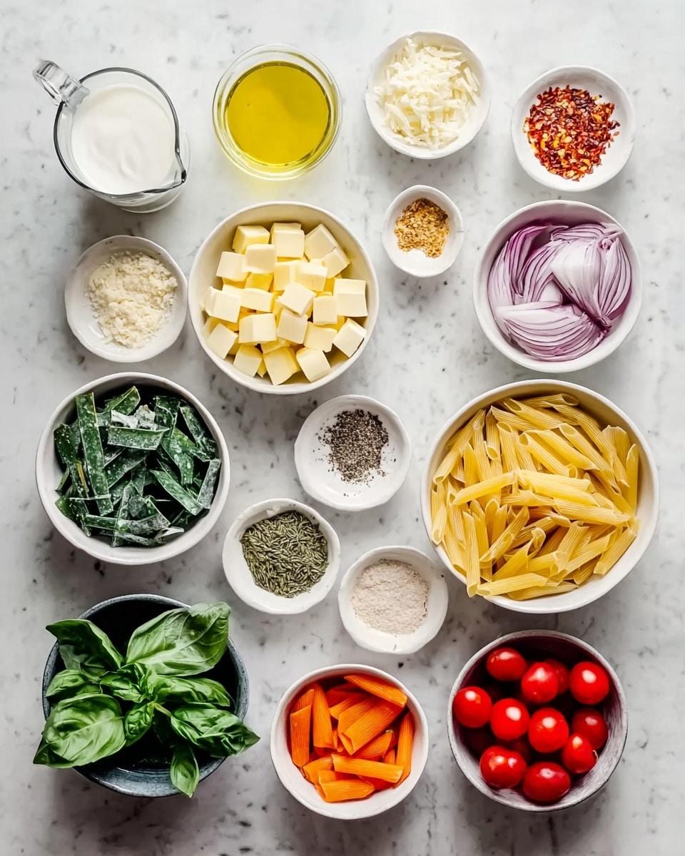 The image shows many bowls and small plates with different ingredients on a white marbled surface. Starting from the top left, there is a white bowl with yellow liquid olive oil, next to a small clear glass pitcher with white cream. To the right are two small white plates, one with red chili flakes and one with grated white cheese. Below those, on the far right, is a white bowl with thinly sliced red onions. Below the chili flakes is a small white bowl with light beige powder, and next to it a white bowl with orange carrot sticks. In the middle row, from left to right, there is a white bowl filled with pale yellow cubed butter, a small white bowl with green dried herbs, and a large white bowl with uncooked yellow penne pasta. Below these, a small white bowl with black pepper, a very small white bowl with white salt, and a white bowl with green zucchini cubes. To the bottom left, a gray bowl holds fresh green basil leaves, and to the bottom right, a gray bowl filled with bright red cherry tomatoes. photo taken with an iphone --ar 4:5 --v 7
