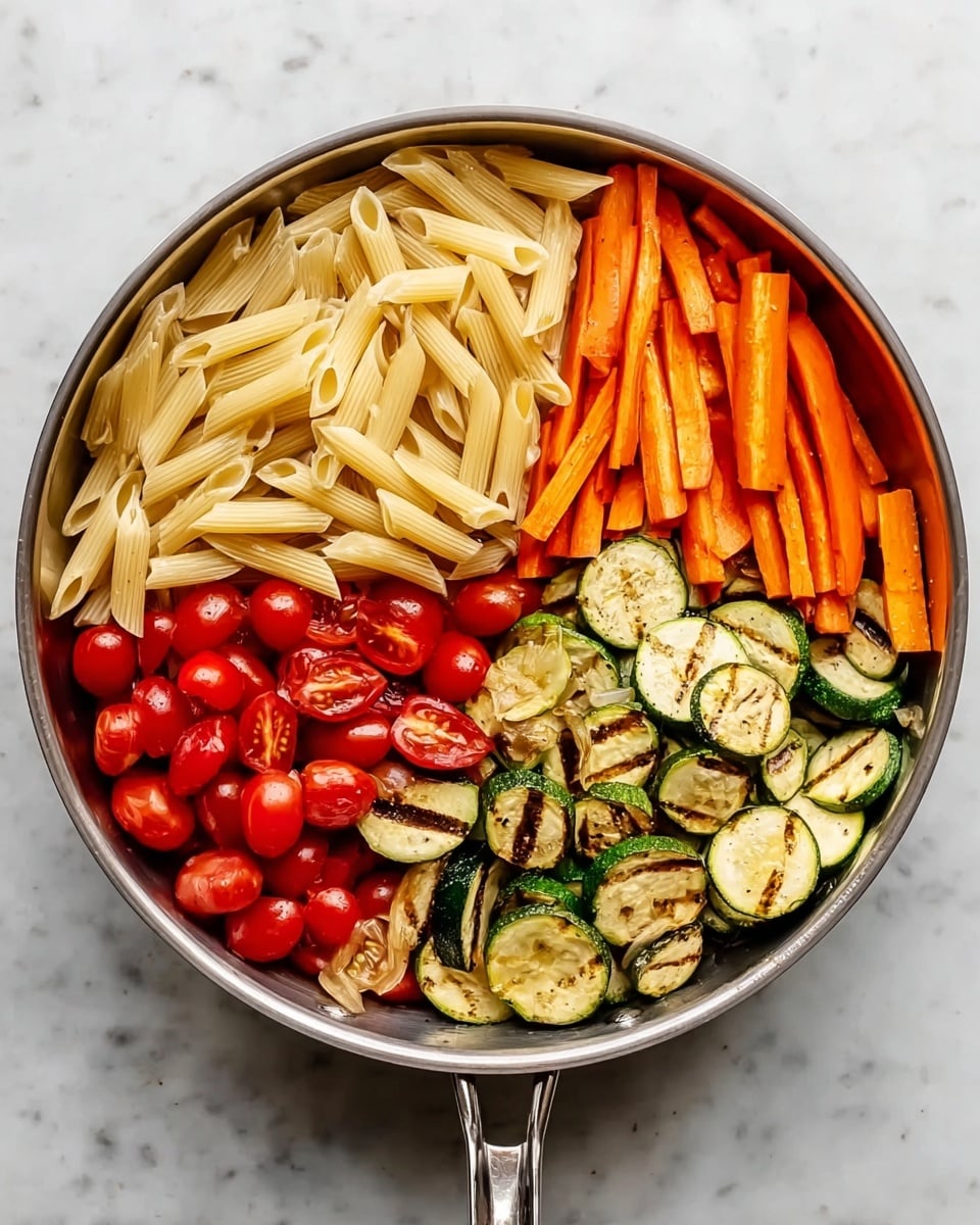 A round metal pan holds four colorful groups of food items placed side by side. Starting from the top left, there is a large section of plain light beige penne pasta. Next to the pasta on the top right, long thin orange carrot sticks are arranged neatly. On the bottom right, a pile of grilled zucchini slices shows light green and dark green shades with grill marks. Lastly, at the bottom left, there are bright red cherry tomatoes, some whole and some cut in halves. The pan sits on a white marbled surface. photo taken with an iphone --ar 4:5 --v 7