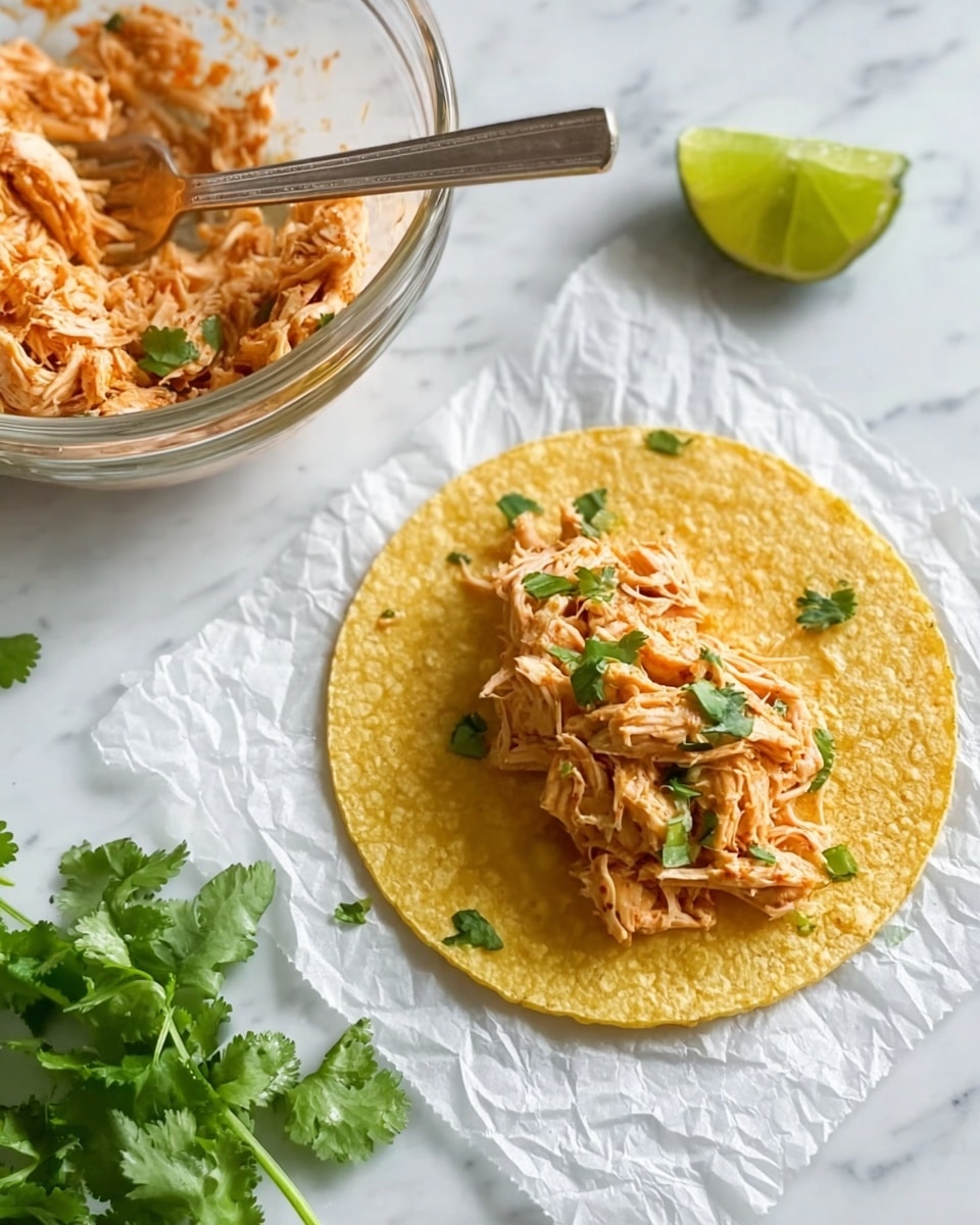 A single yellow corn tortilla lays flat on crinkled white parchment paper placed on a white marbled surface. On the tortilla, there is one layer of shredded light orange chicken topped with small green cilantro leaves scattered on top. Nearby, a clear glass bowl contains more shredded chicken with a metal fork partially submerged inside. To the side, a lime wedge with a bright green color and a bunch of fresh cilantro sit on the white marbled surface. photo taken with an iphone --ar 4:5 --v 7