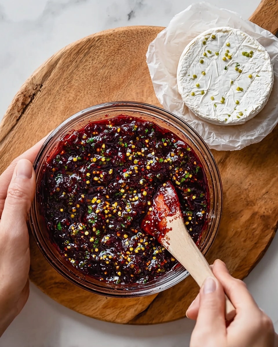 A glass bowl sits on a round wooden board with a white marbled background, filled with a deep red, chunky sauce or jam that has small yellow mustard seeds and finely chopped green herbs spread throughout. The bowl is held by a woman's hand on one side, while the other woman's hand holds a small spatula with a wooden handle, stirring the sauce. Next to the bowl, on the board, rests a round white cheese wrapped partially in crumpled parchment paper, showing a soft and slightly crumbly texture inside. Photo taken with an iphone --ar 4:5 --v 7