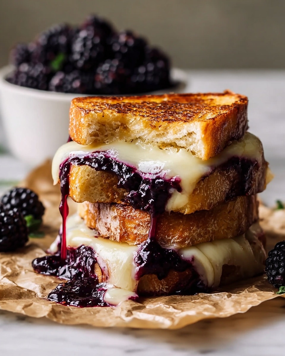 A stack of two toasted sandwiches sits on crumpled brown paper over a white marbled surface; each sandwich has three layers of golden-brown grilled bread with melted white cheese oozing out between the slices, and thick, dark purple blackberry jam dripping down the sides, pooling slightly at the bottom. In the background, a white bowl filled with fresh blackberries is slightly out of focus, adding a rich contrast to the warm tones of the toast and cheese. Photo taken with an iphone --ar 4:5 --v 7