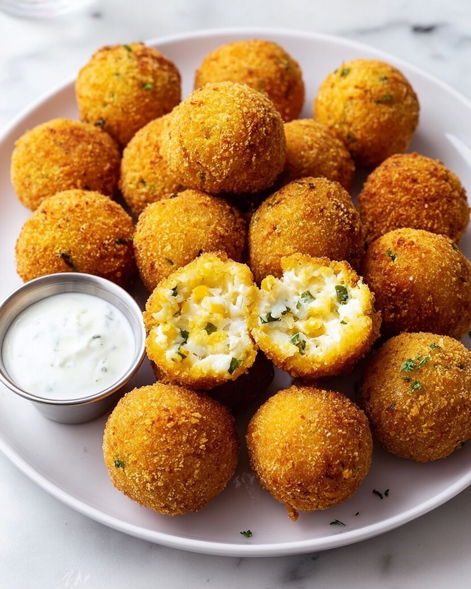A white plate filled with about twenty golden brown round fried balls with a crispy crumb coating; one ball is split open on top, showing a soft, mixed-texture interior of creamy white and yellow with bits of green herbs; a small metal container of white dipping sauce is placed on the left side of the plate; all set on a white marbled surface photo taken with an iphone --ar 4:5 --v 7