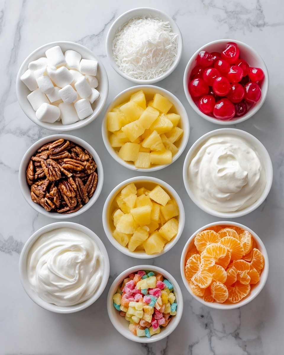 The image shows nine small white bowls placed on a white marbled surface, each filled with a different ingredient. Starting from the top left, there are mini white marshmallows in the first bowl, followed by shredded white coconut flakes in the second bowl. To the right, a bowl with bright red maraschino cherries stands out. Below these, in the center, a bowl holds yellow pineapple chunks. To the left of it, a bowl filled with chopped brown pecans is visible, and to the right, a bowl contains a mix of colorful fruit cocktail pieces. Below the pineapple chunks, a bowl is filled with smooth white whipped topping, and to the left of that, a smaller bowl holds creamy white vanilla yogurt. Finally, on the bottom right, another white bowl is filled with bright orange mandarin orange segments. Photo taken with an iphone --ar 4:5 --v 7