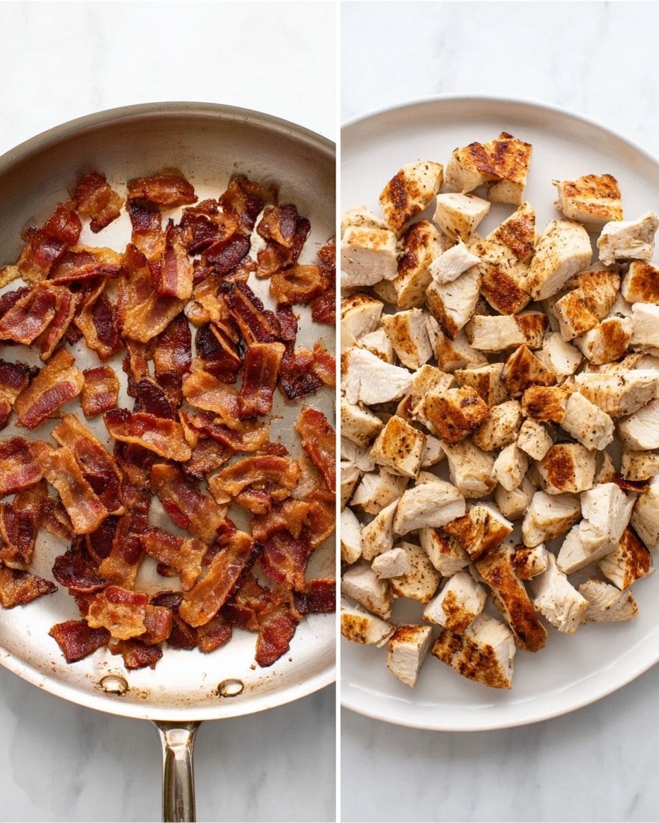 The image is split into two halves placed side by side on a white marbled surface. On the left side, a silver pan contains many crispy, brown pieces of cooked bacon scattered evenly, some with darker edges showing a crunchy texture. On the right side, a white round plate holds chopped pieces of grilled chicken, showing a light tan color with darker grill marks on top of each piece, evenly covering the plate. photo taken with an iphone --ar 4:5 --v 7