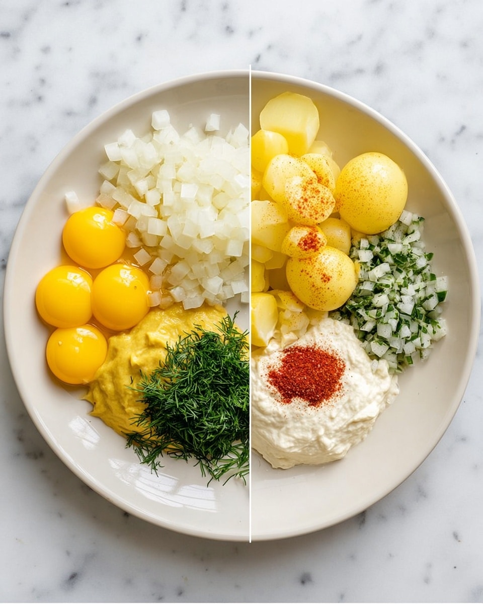 The left side shows a white plate with two layers: the left layer has whole yellow egg yolks, smooth and round, some broken slightly, and the right layer has finely chopped white egg whites, small square pieces covering a large part of the plate. On the right side, a white bowl contains several layers: at the bottom are whole yellow egg yolks with a soft texture, on the top left is a smooth mustard-yellow layer, next to it is a small heap of green chopped pickles, then a sprinkle of red powder on the top right, a large spread of white mayonnaise-like creamy sauce covers the right half, and fresh green dill sits at the bottom center. All layers show clear colors and textures with no mixing yet. The background is white marble. Photo taken with an iphone --ar 4:5 --v 7