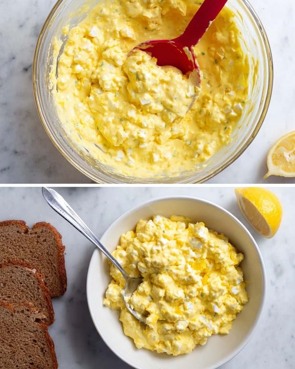 The image shows two bowls filled with a creamy yellow mixture made of small chopped pieces, likely egg salad. On the left, there is a clear glass bowl with the thick, chunky mixture inside and a red spoon resting in it. On the right, a white bowl holds the same creamy mixture, with a silver spoon placed inside on the right side. The mixture in both bowls has a smooth, slightly lumpy texture with visible small pieces of yellow and white throughout. The background is a white marbled surface, and near the white bowl, there are two slices of brown bread and two lemon wedges. photo taken with an iphone --ar 4:5 --v 7