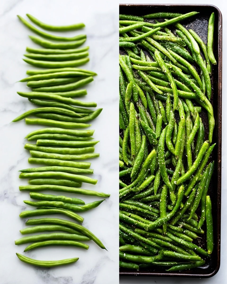 The image shows two side-by-side views. On the left, there is a white marbled surface with a neat row of fresh, green beans that have been cleaned, with their ends lined up on the left side of the surface in small piles. The green beans are bright and smooth, arranged closely together in a single layer. On the right, there is a white marbled background with a black baking tray filled with green beans spread out in an even layer, lightly coated with oil and seasoning, giving them a glossy and slightly textured look. Both scenes focus on the fresh green beans and their preparation stages. Photo taken with an iphone --ar 4:5 --v 7