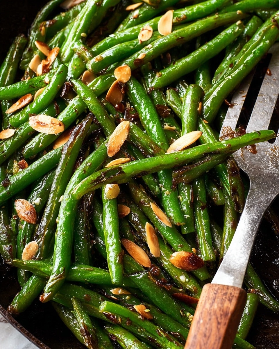 The image shows a close-up of many cooked green beans with a shiny, slightly charred texture, piled together on a dark pan. Scattered on top of the green beans are thin, golden-brown almond slices. A metal spatula with a wooden handle rests on the right side, partly underneath the green beans. The background is a white marbled surface. Photo taken with an iphone --ar 4:5 --v 7
