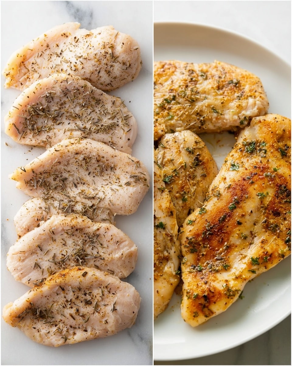 The image shows two side-by-side photos of seasoned chicken fillets. On the left, six raw, pale pink chicken slices lie flat on a white surface, each sprinkled with a light layer of black pepper and dried herbs, with a smooth texture and soft appearance. On the right, five cooked chicken fillets rest on a white plate, their surfaces browned and slightly crispy with flecks of herbs and black pepper visible, showing a mix of golden and light brown shades and a firmer, textured look. The background is a white marbled surface. Photo taken with an iphone --ar 4:5 --v 7