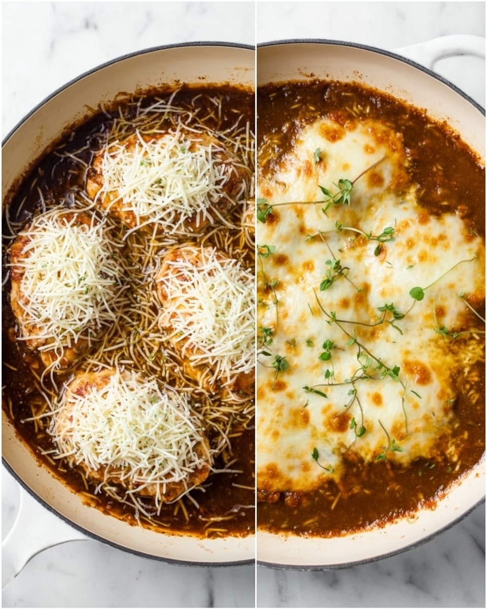 The image shows two side-by-side views of a round white pan on a white marbled surface. The left side has four pieces of chicken covered with a brown sauce, topped with a thick layer of shredded white cheese. On the right side, the cheese has melted into a smooth, bubbly golden layer with some browned spots, and small sprigs of fresh green herbs are sprinkled on top, resting on the rich brown sauce around the chicken. Photo taken with an iphone --ar 4:5 --v 7