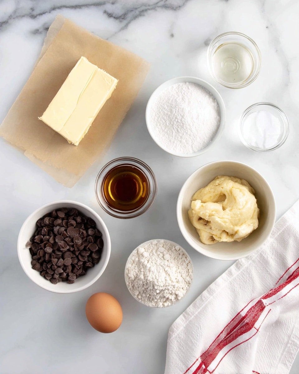 The image shows several baking ingredients placed on a white marbled surface. There is a stick of butter on brown parchment paper in the top left corner, a white bowl with white sugar near the top center, and a small glass bowl with vanilla extract on the right side. Below the butter, there is a small glass bowl with baking soda or powder. In the middle right, a white bowl holds mashed bananas. At the bottom left, a white bowl filled with chocolate chips is next to a larger white bowl with flour. An egg is placed to the right of the flour bowl near a white cloth with red stripes at the bottom right corner. Photo taken with an iphone --ar 4:5 --v 7